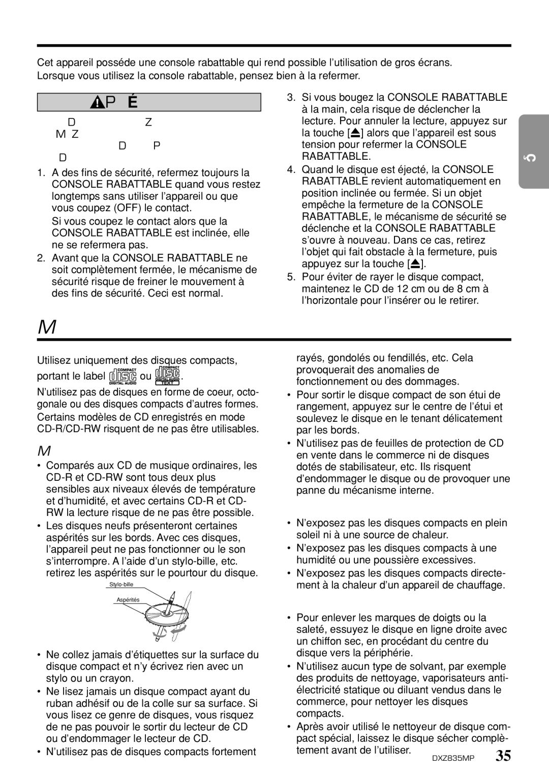 Clarion DXZ835MP owner manual Console rabattable, Manipulation des disques compacts, Rangement, Nettoyage 