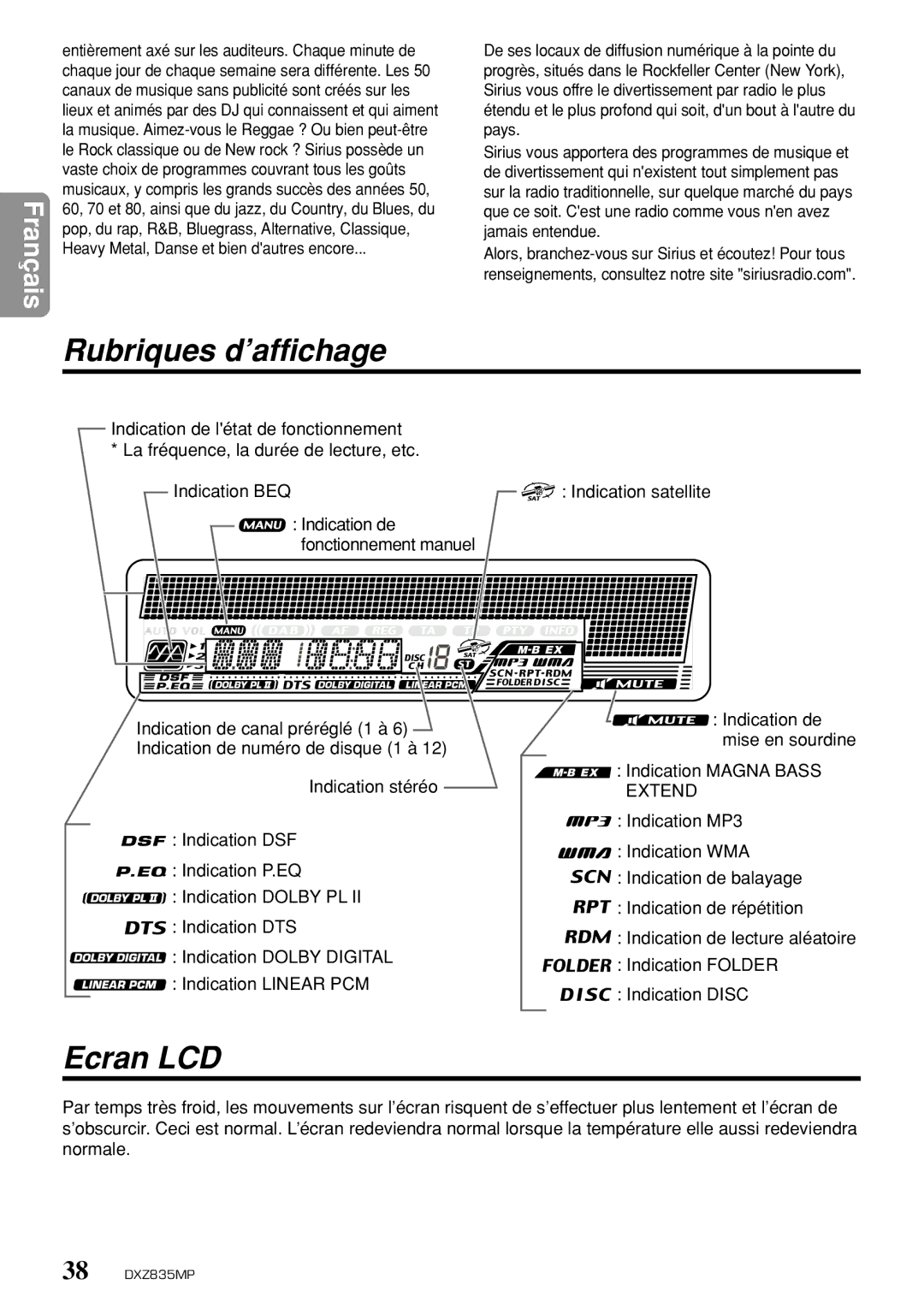 Clarion DXZ835MP owner manual Rubriques d’affichage, Ecran LCD 