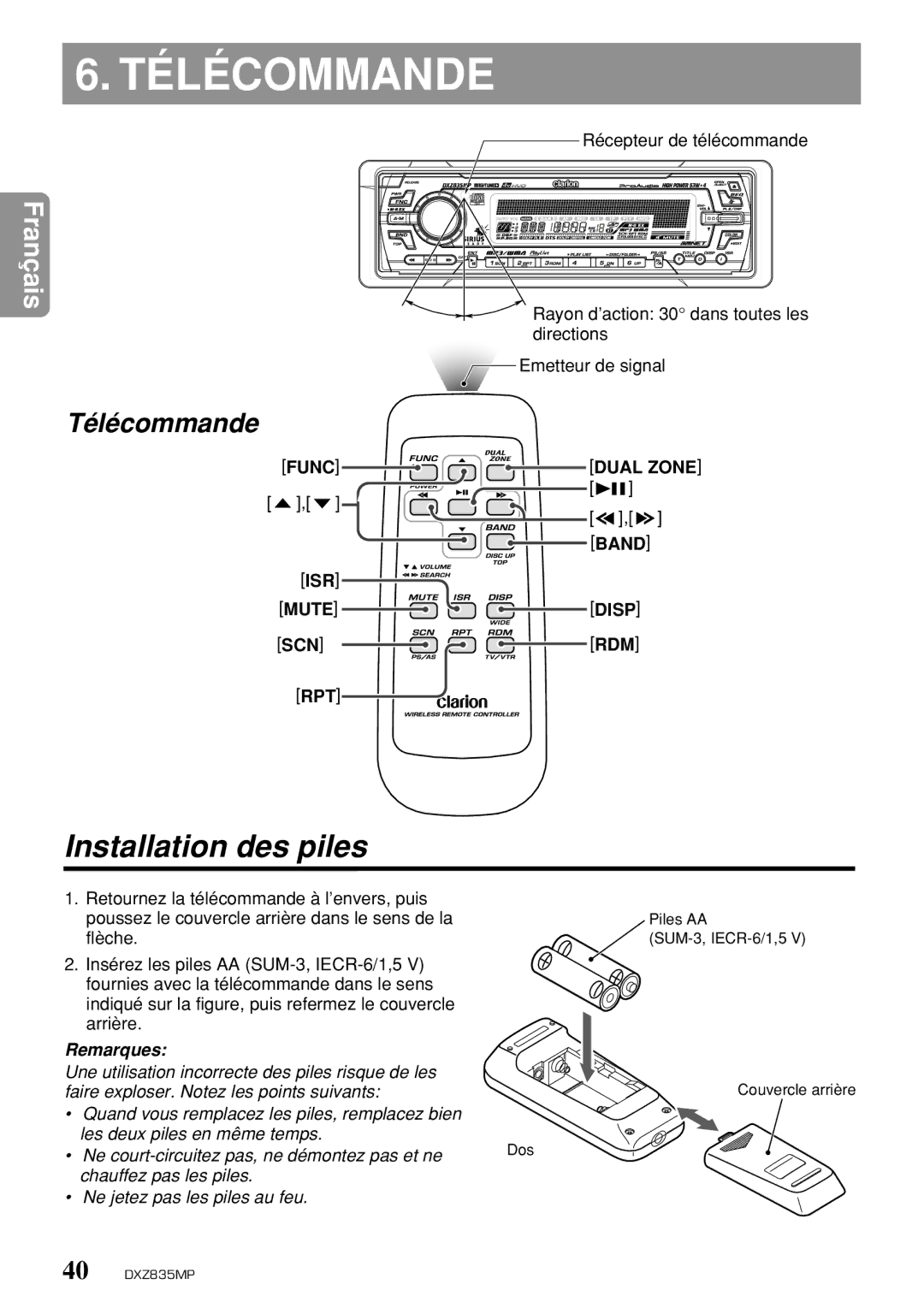 Clarion DXZ835MP owner manual Télécommande, Installation des piles, Isr, Mute Disp SCN RDM, Rpt 