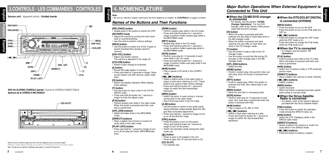 Clarion DXZ835MP owner manual Nomenclature, Names of the Buttons and Their Functions 