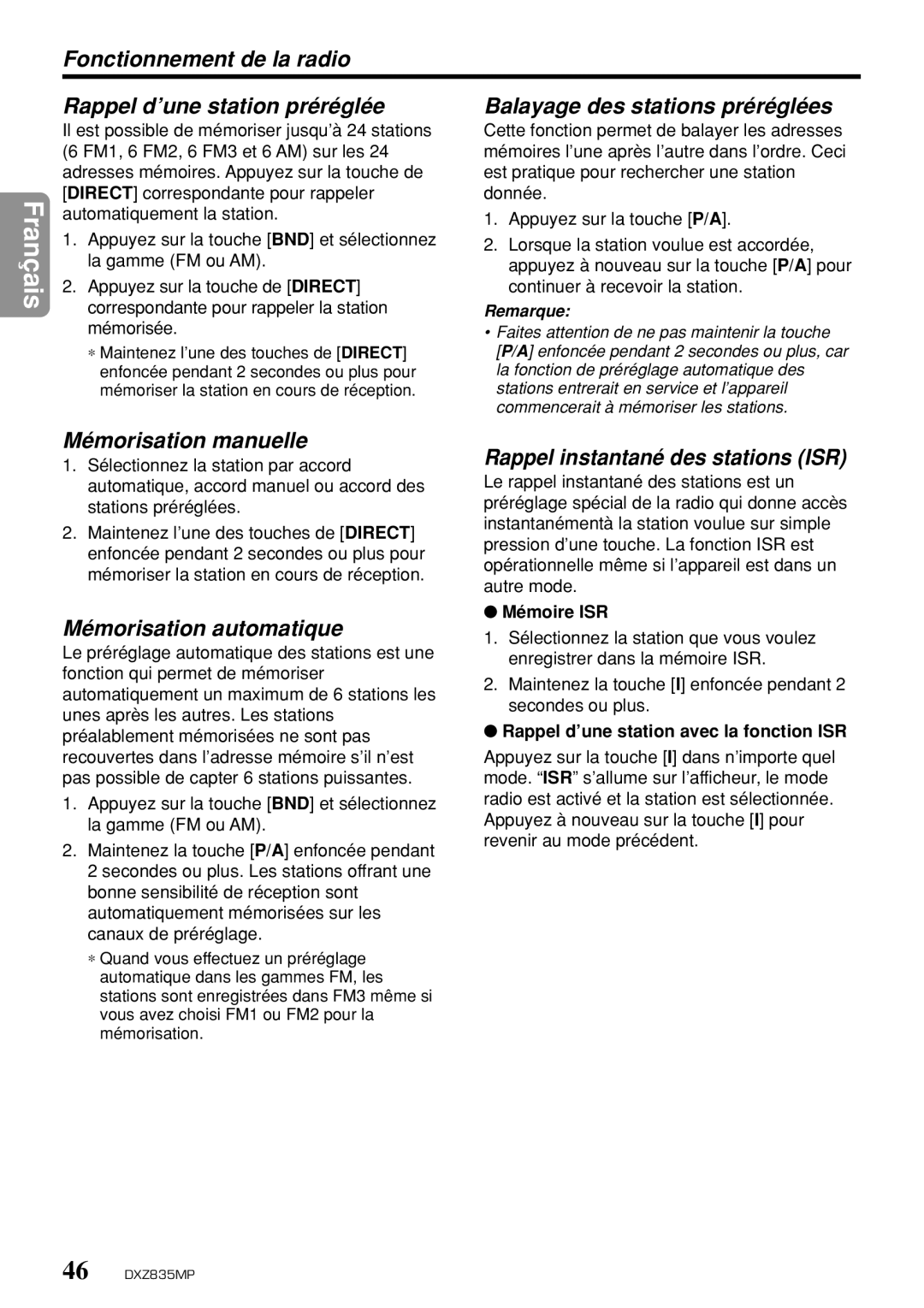 Clarion DXZ835MP Mémorisation manuelle, Mémorisation automatique, Rappel instantané des stations ISR, Mémoire ISR 