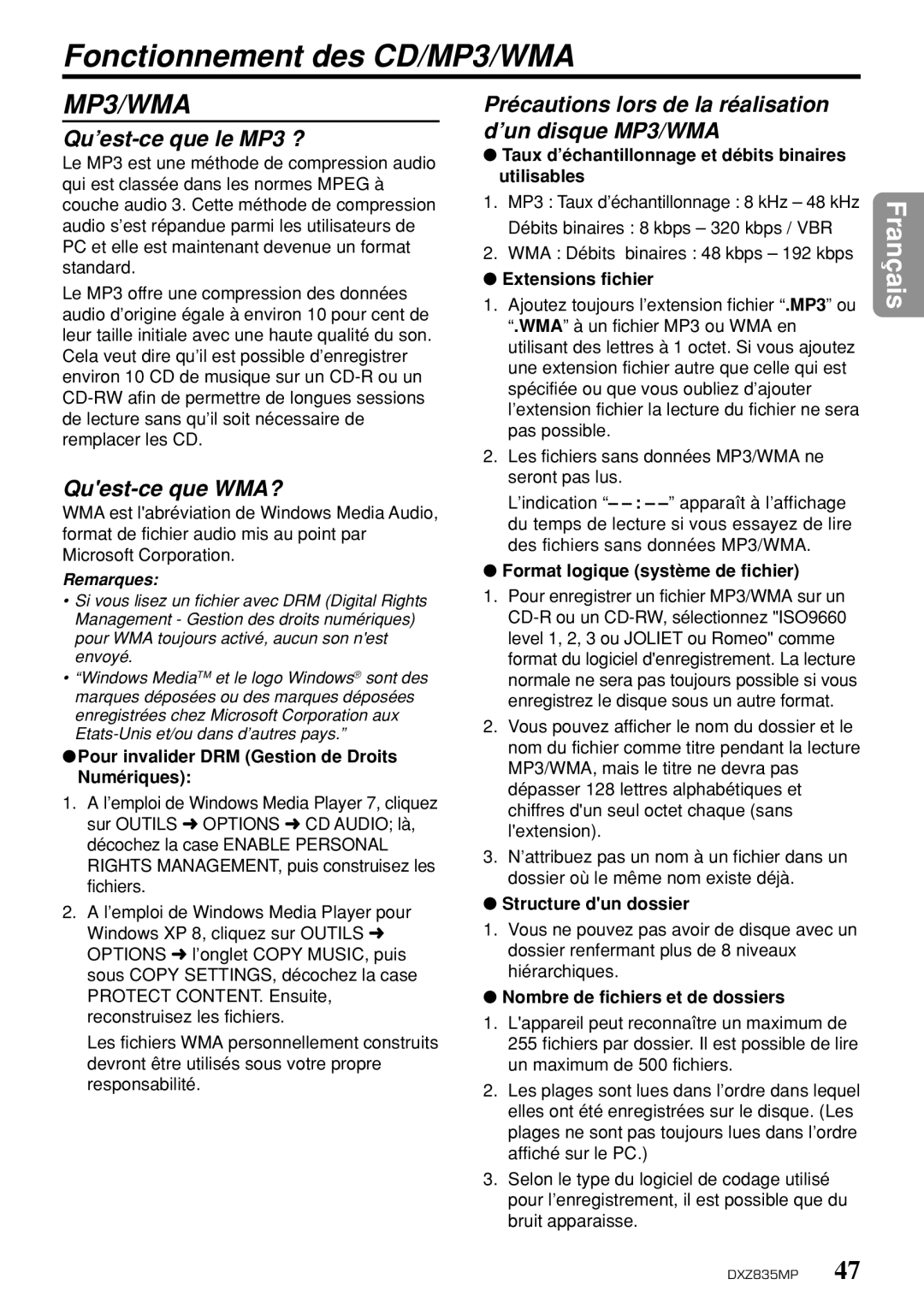 Clarion DXZ835MP owner manual Fonctionnement des CD/MP3/WMA, Qu’est-ce que le MP3 ?, Quest-ce que WMA? 