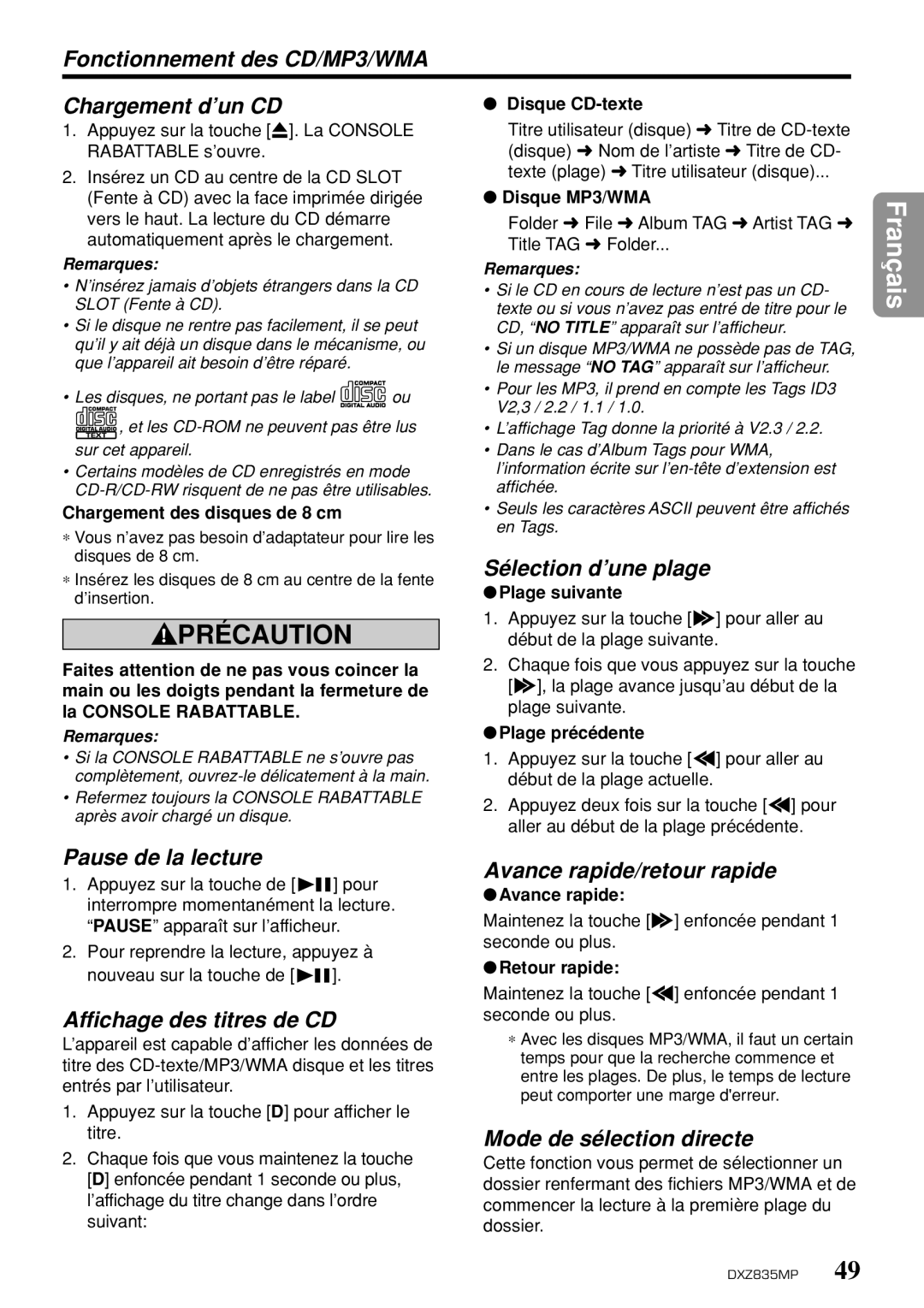 Clarion DXZ835MP owner manual Fonctionnement des CD/MP3/WMA Chargement d’un CD, Sélection d’une plage, Pause de la lecture 