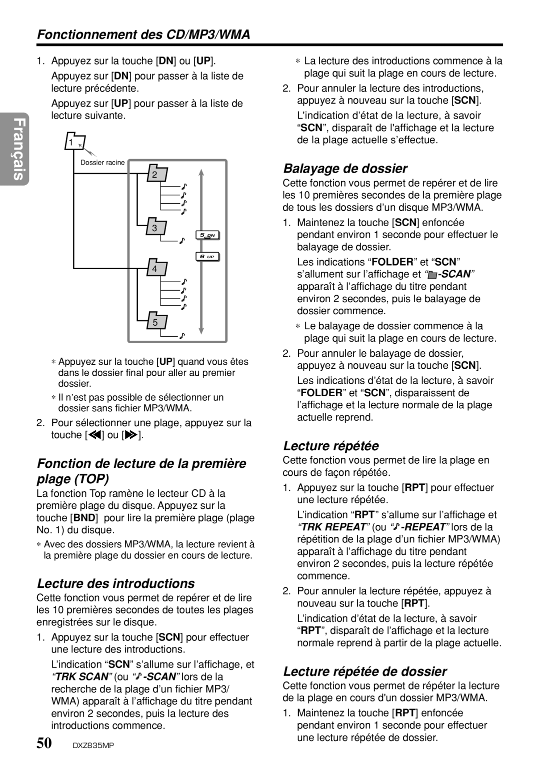 Clarion DXZ835MP Fonctionnement des CD/MP3/WMA, Balayage de dossier, Fonction de lecture de la première plage TOP 