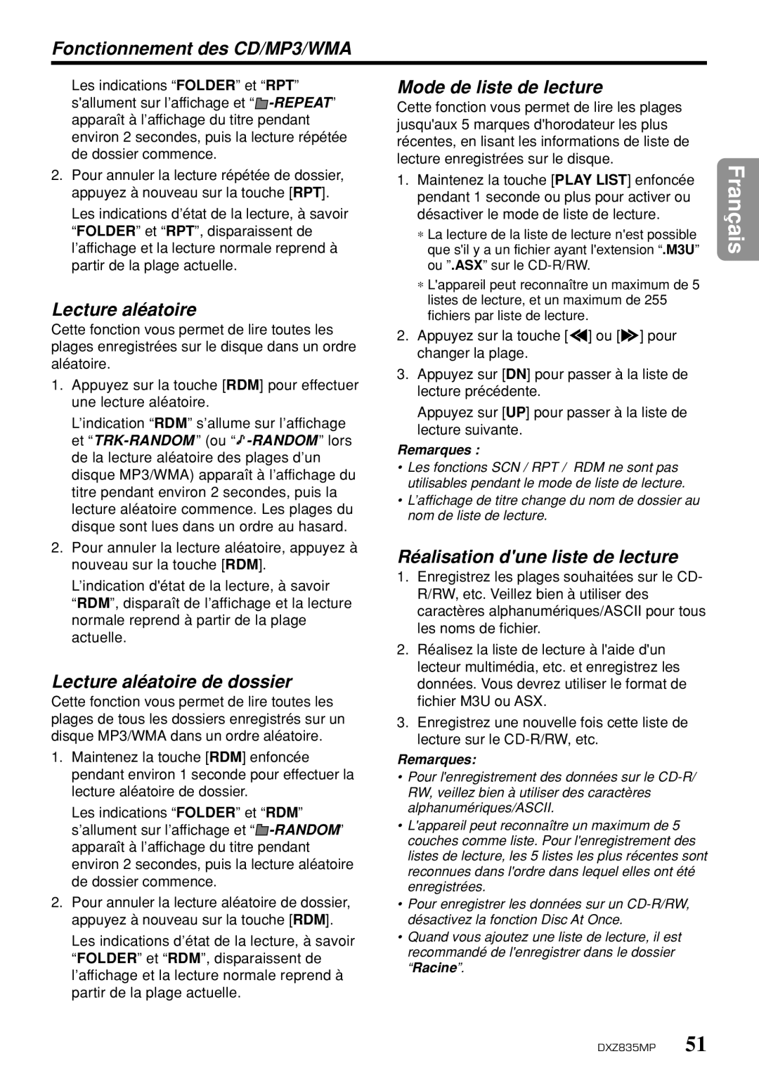 Clarion DXZ835MP owner manual Lecture aléatoire Mode de liste de lecture, Lecture aléatoire de dossier 