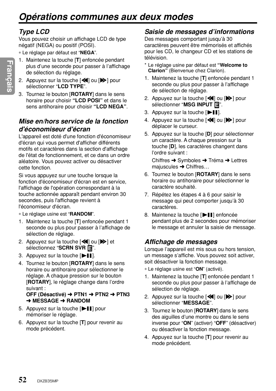 Clarion DXZ835MP Opérations communes aux deux modes, Type LCD, Mise en/hors service de la fonction déconomiseur décran 