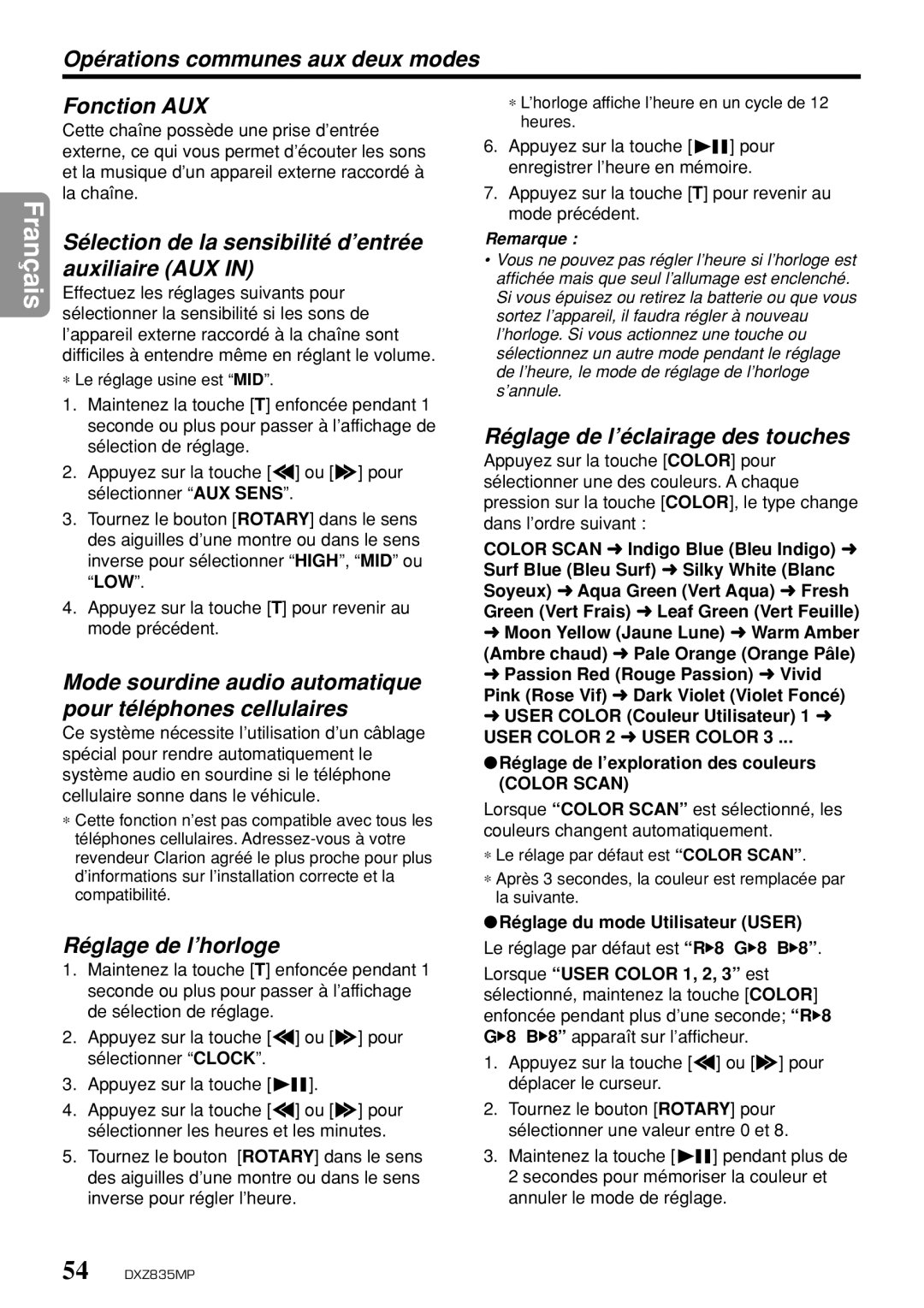 Clarion DXZ835MP Opérations communes aux deux modes, Fonction AUX, Sélection de la sensibilité d’entrée auxiliaire AUX 