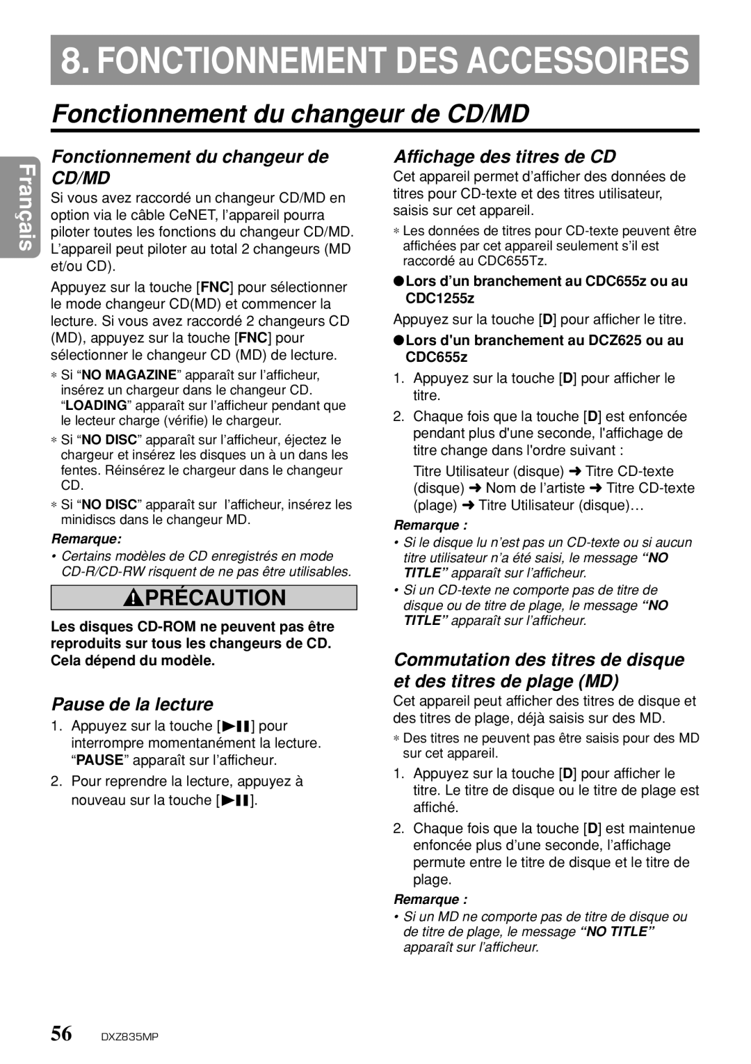 Clarion DXZ835MP Fonctionnement du changeur de CD/MD, Commutation des titres de disque et des titres de plage MD 