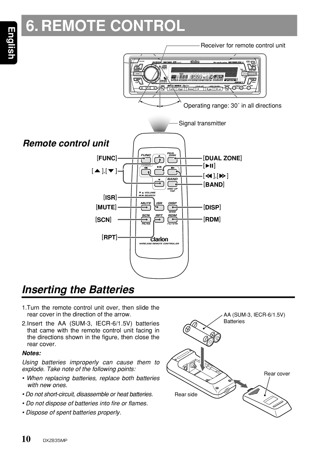 Clarion DXZ835MP owner manual Remote Control, Inserting the Batteries, Dual Zone 