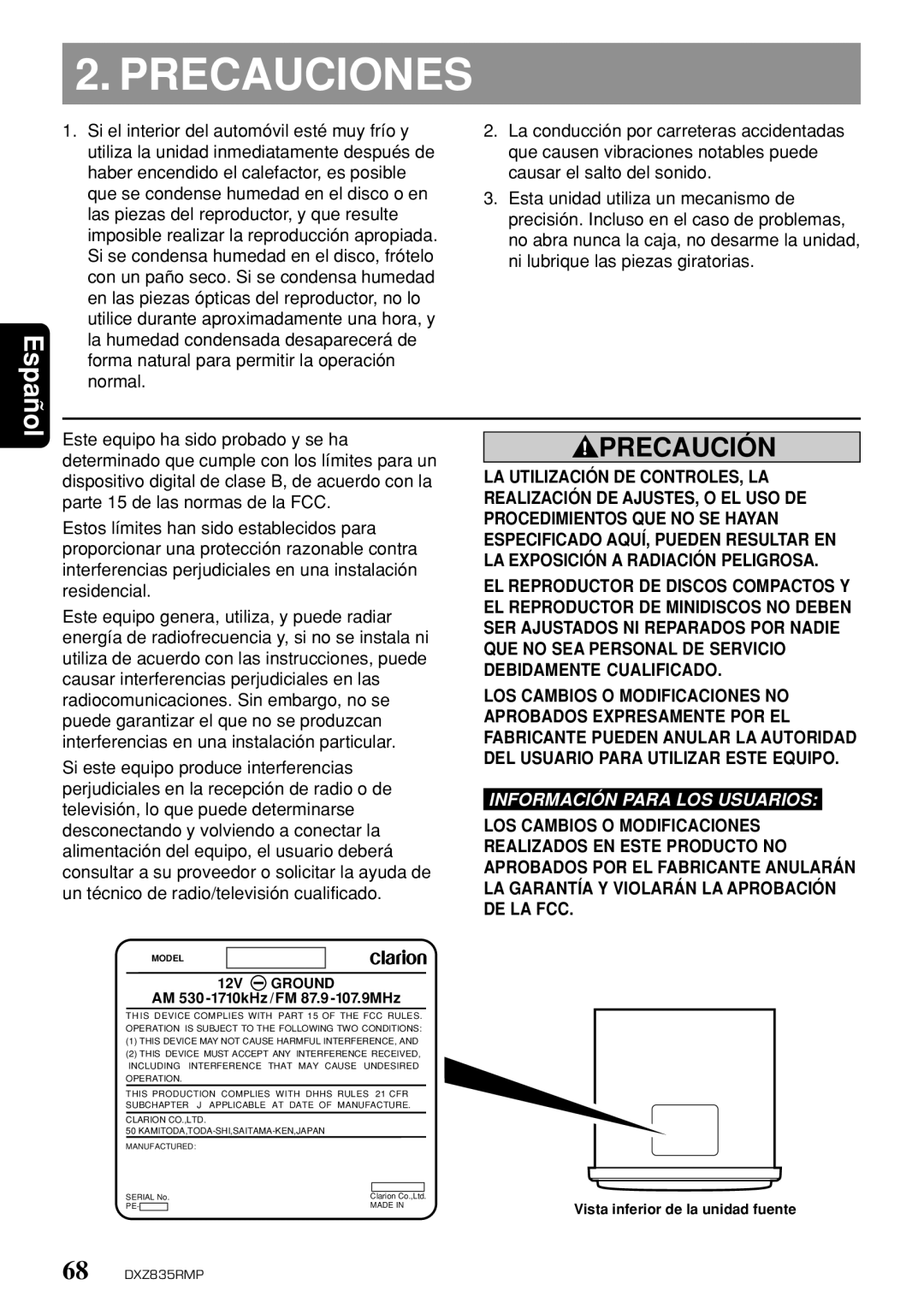 Clarion DXZ835MP owner manual Precauciones, Español 