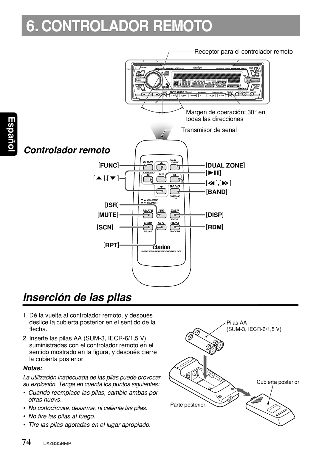 Clarion DXZ835MP Controlador Remoto, Inserción de las pilas, Receptor para el controlador remoto, ISR Mute Disp SCN RDM 