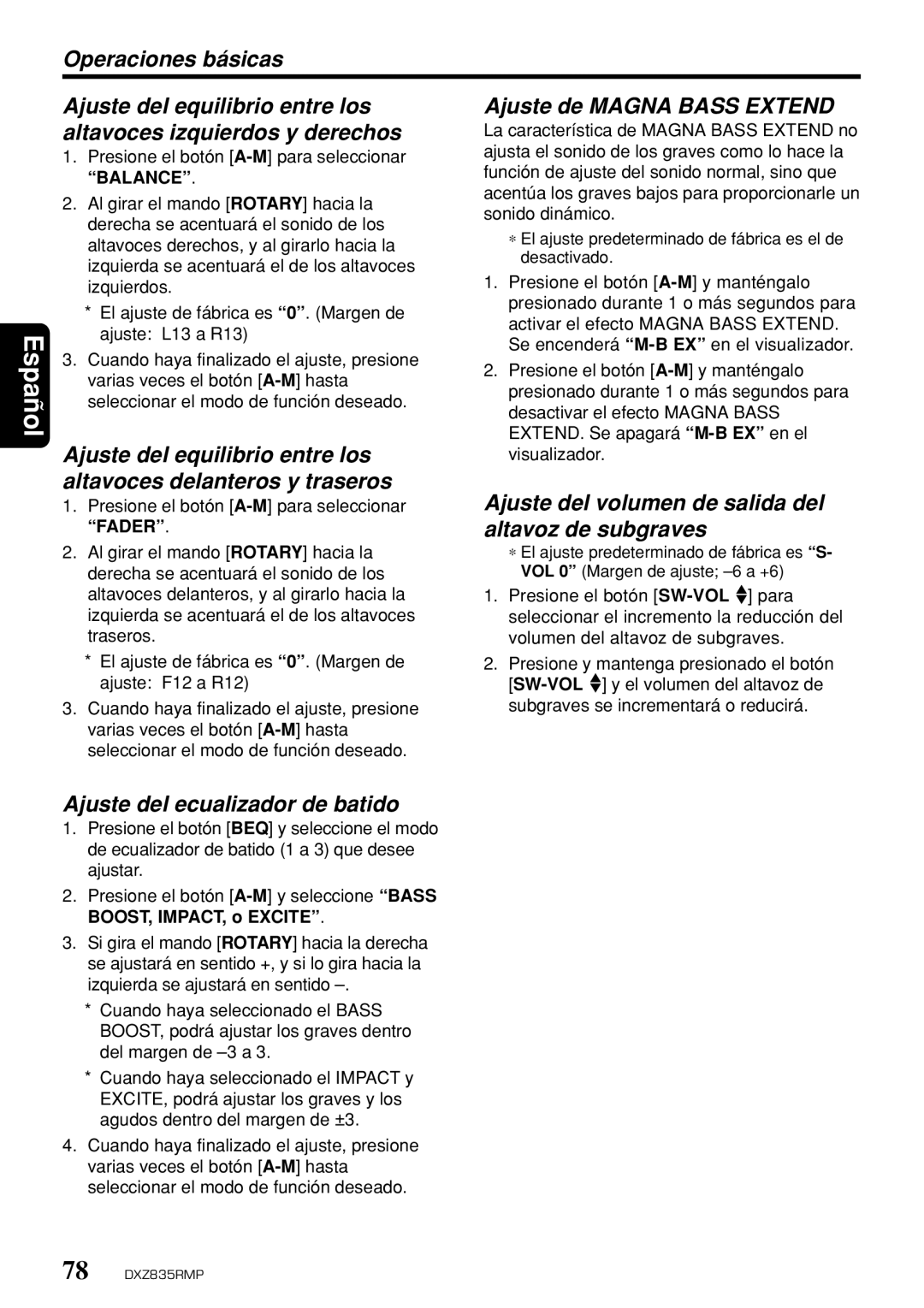 Clarion DXZ835MP Altavoces delanteros y traseros, Ajuste del volumen de salida del altavoz de subgraves, Balance 