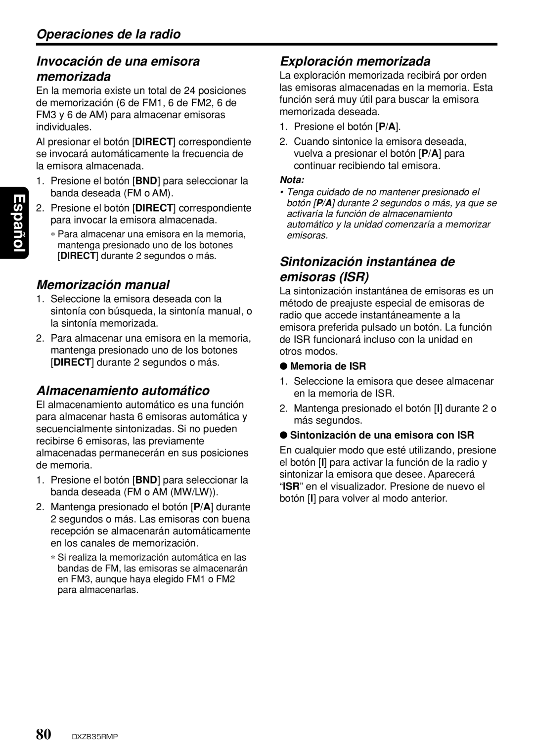 Clarion DXZ835MP Sintonización instantánea de, Memorización manual Emisoras ISR, Almacenamiento automático, Memoria de ISR 