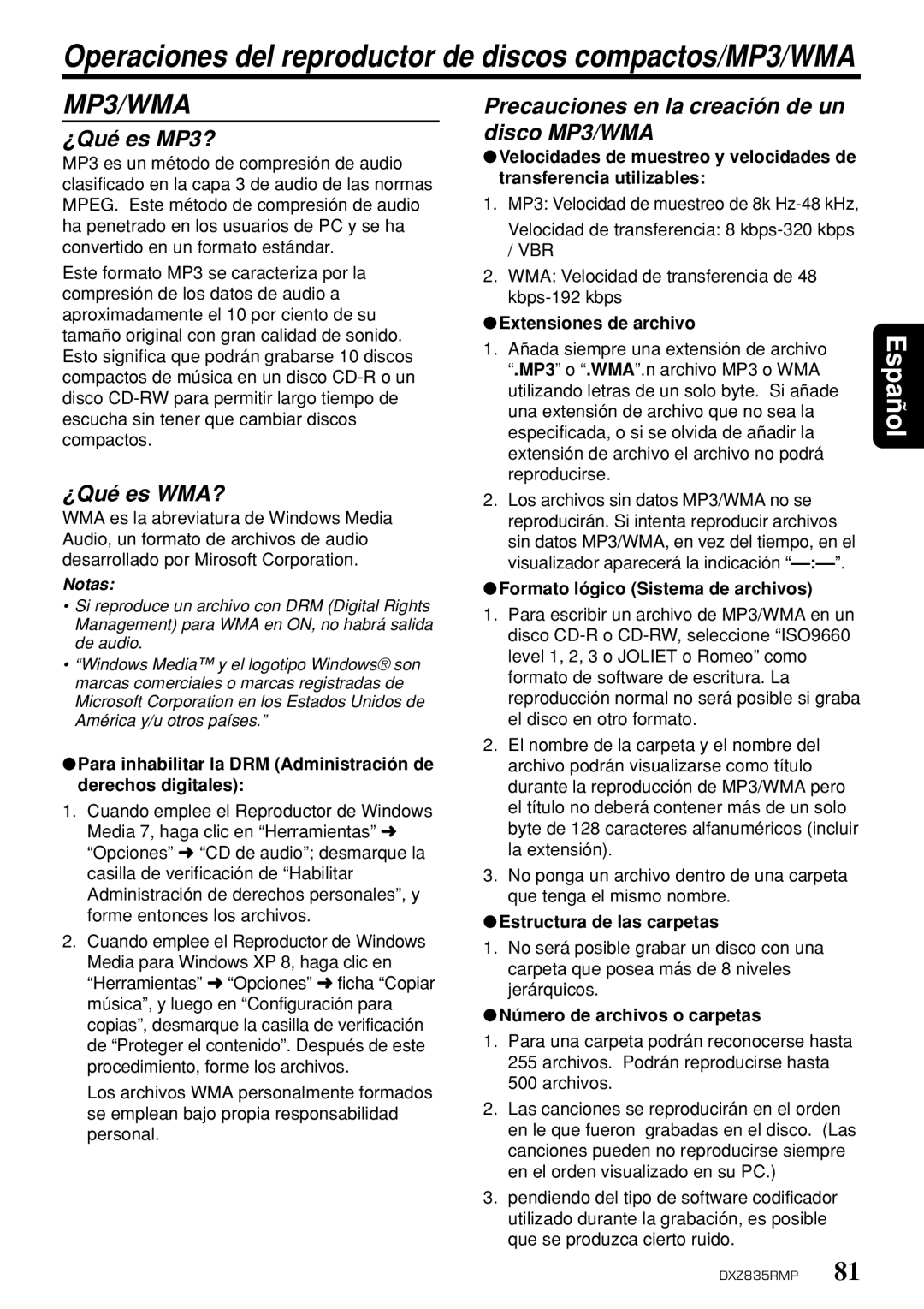 Clarion DXZ835MP owner manual ¿Qué es MP3?, Precauciones en la creación de un disco MP3/WMA, ¿Qué es WMA? 