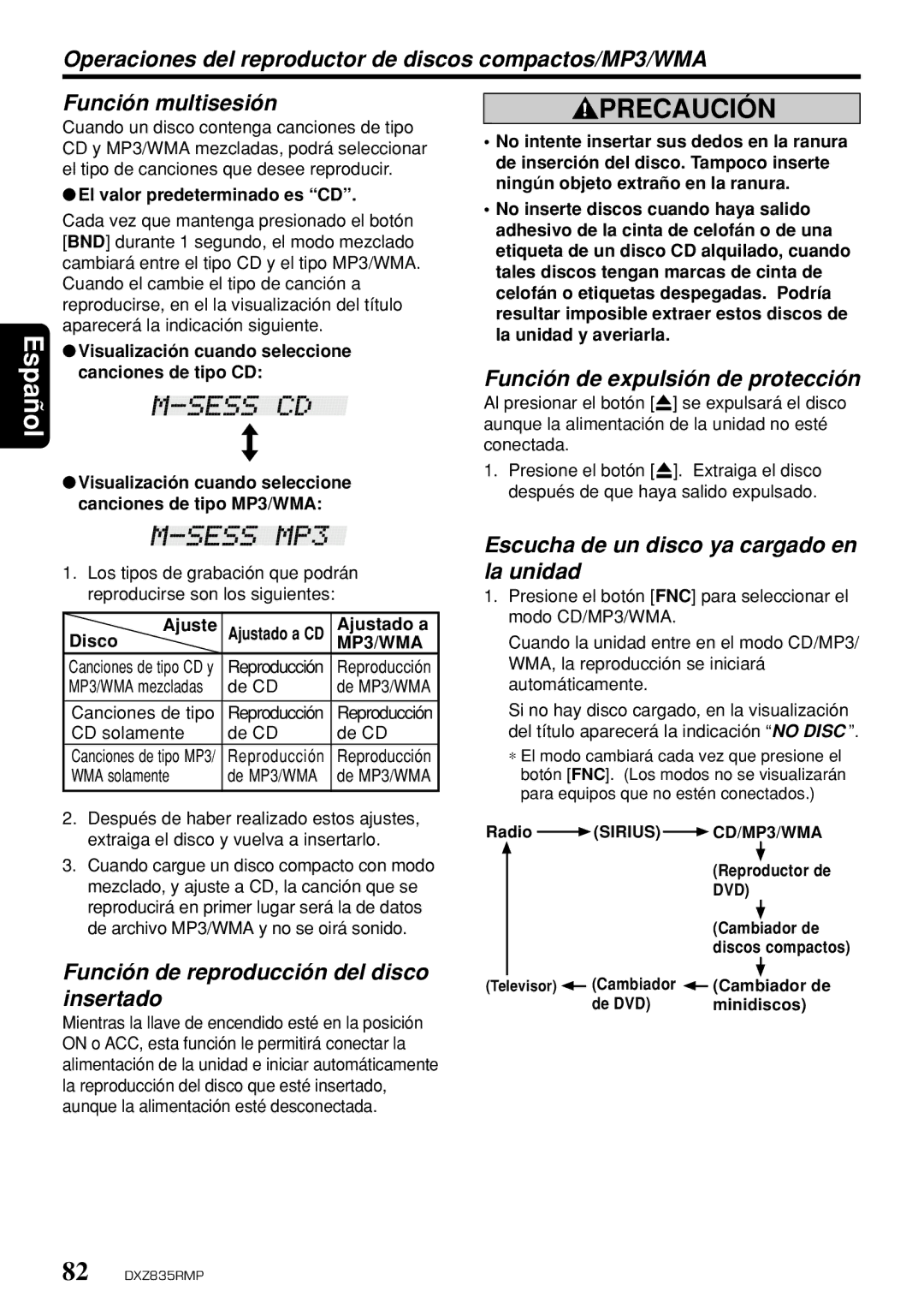 Clarion DXZ835MP owner manual Operaciones del reproductor de discos compactos/MP3/WMA, Función multisesión 