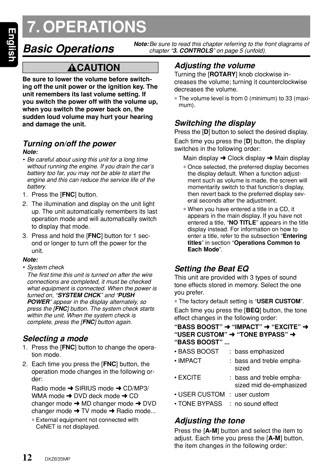 Clarion DXZ835MP owner manual Basic Operations 