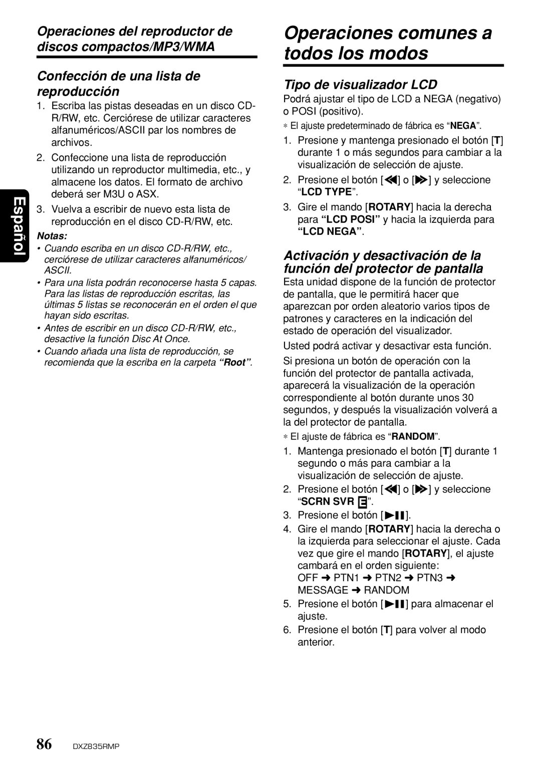 Clarion DXZ835MP owner manual Operaciones comunes a todos los modos, Tipo de visualizador LCD 