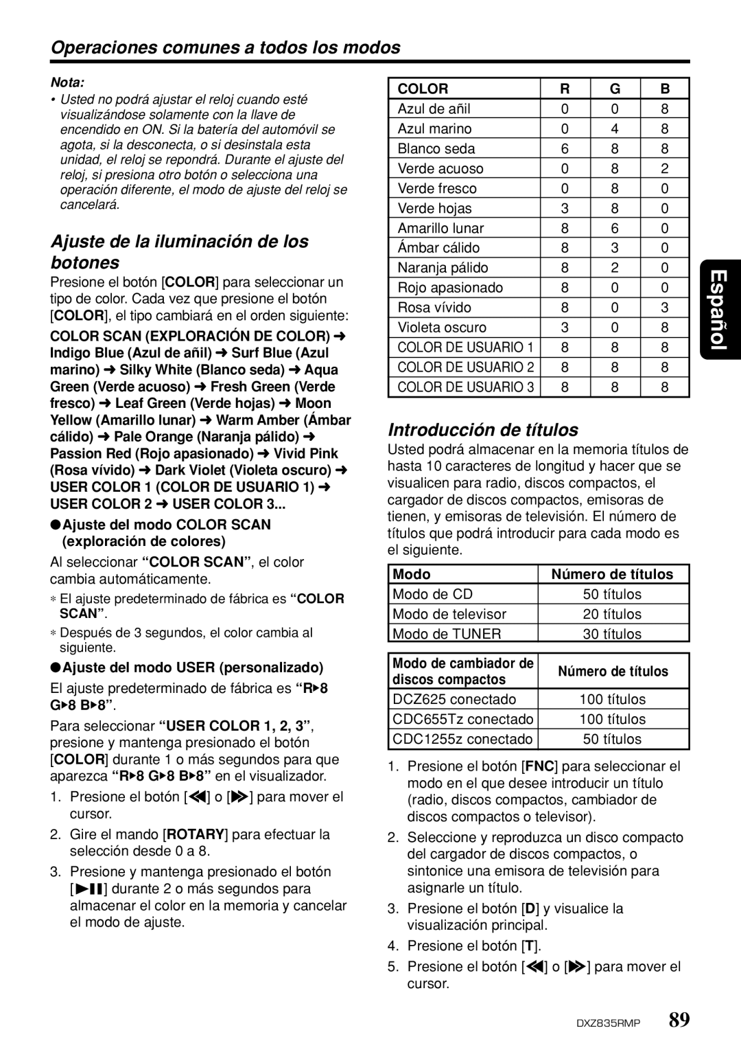 Clarion DXZ835MP owner manual Ajuste de la iluminación de los botones, Introducción de títulos 