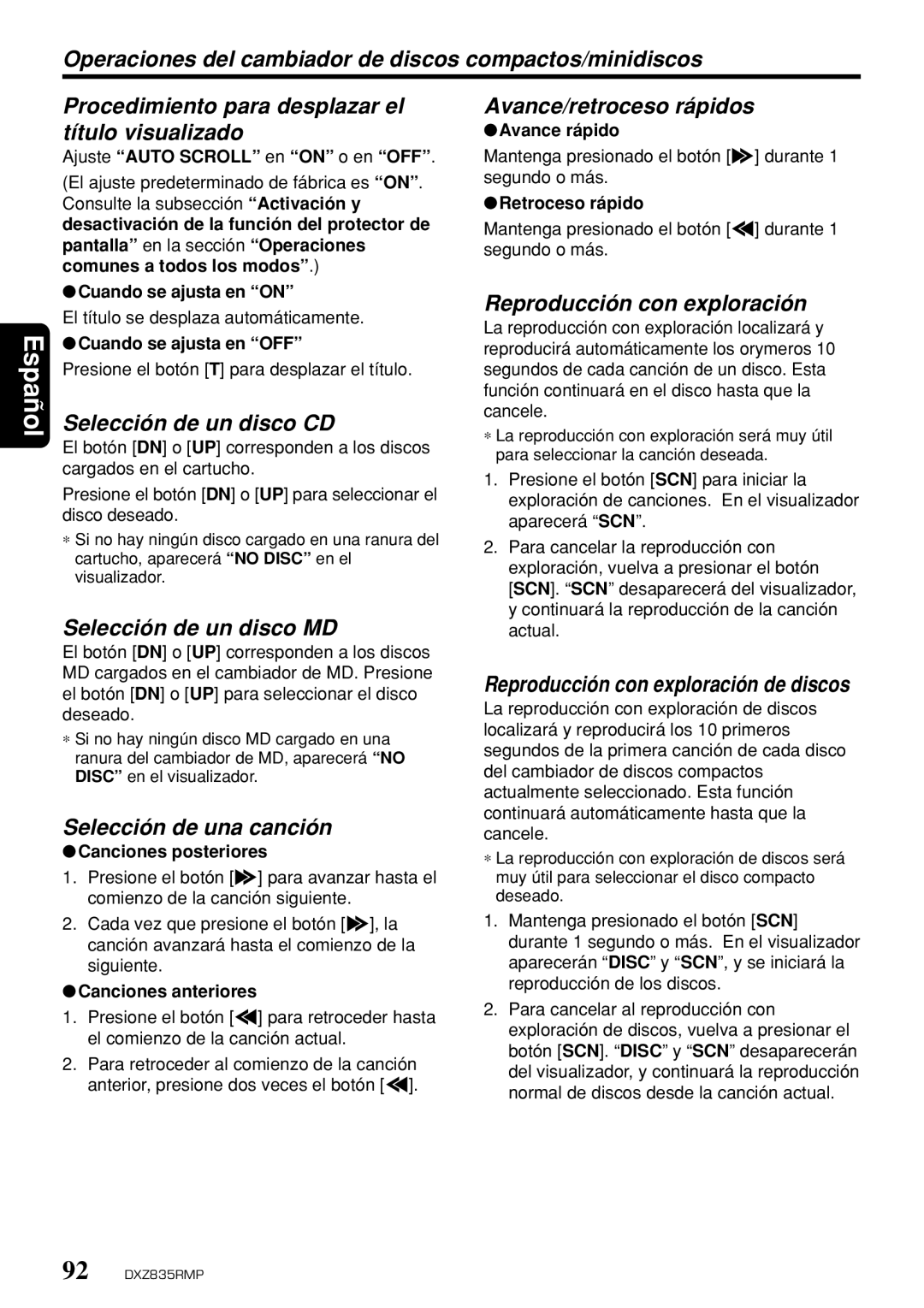 Clarion DXZ835MP owner manual Operaciones del cambiador de discos compactos/minidiscos, Selección de un disco CD 