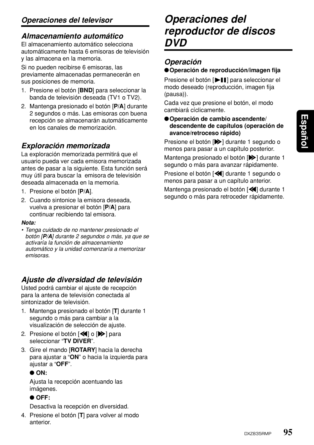 Clarion DXZ835MP Operaciones del televisor Almacenamiento automático, Ajuste de diversidad de televisión, Operación 