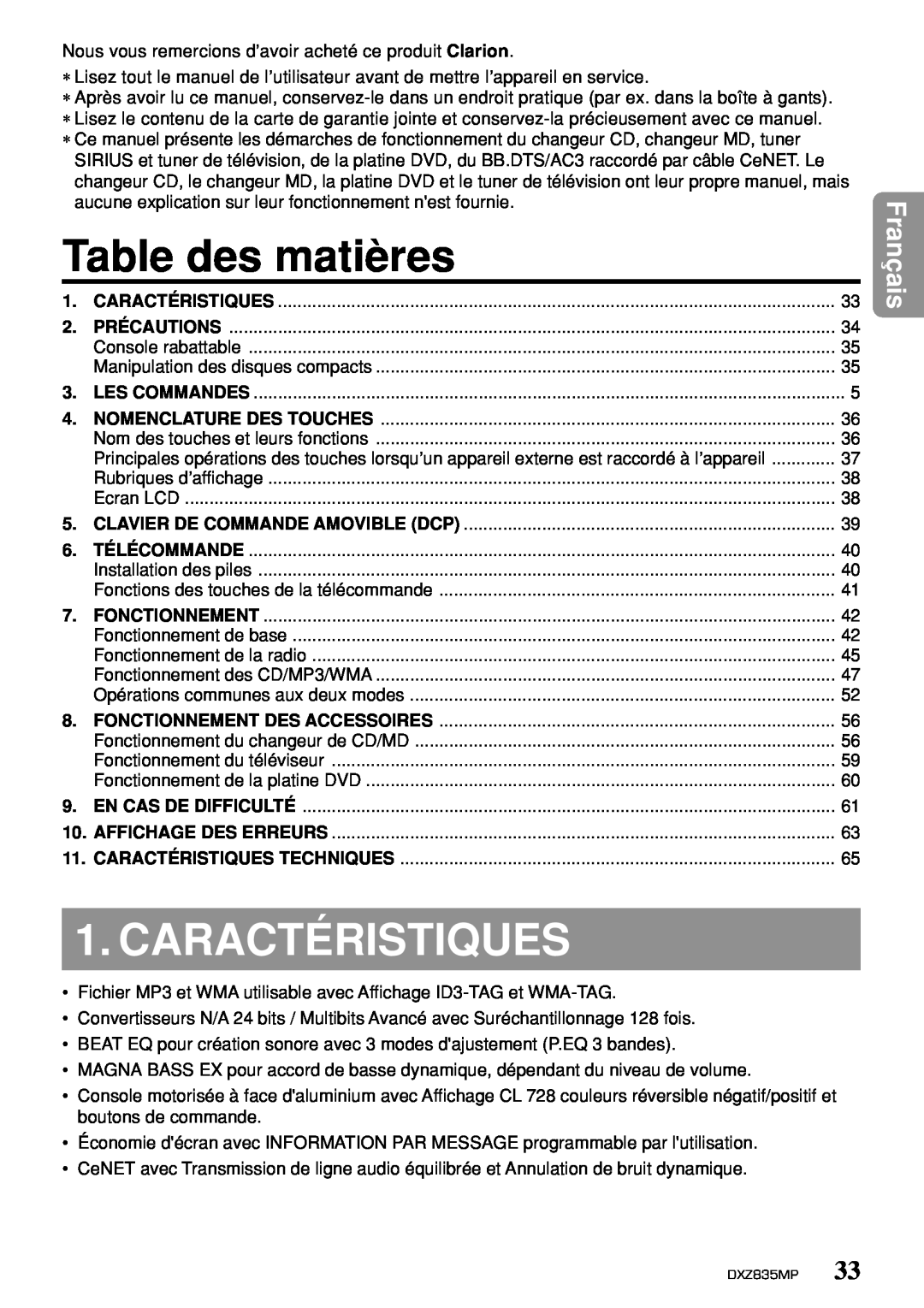 Clarion DXZ835MP owner manual Table des matières, Caractéristiques, Français 