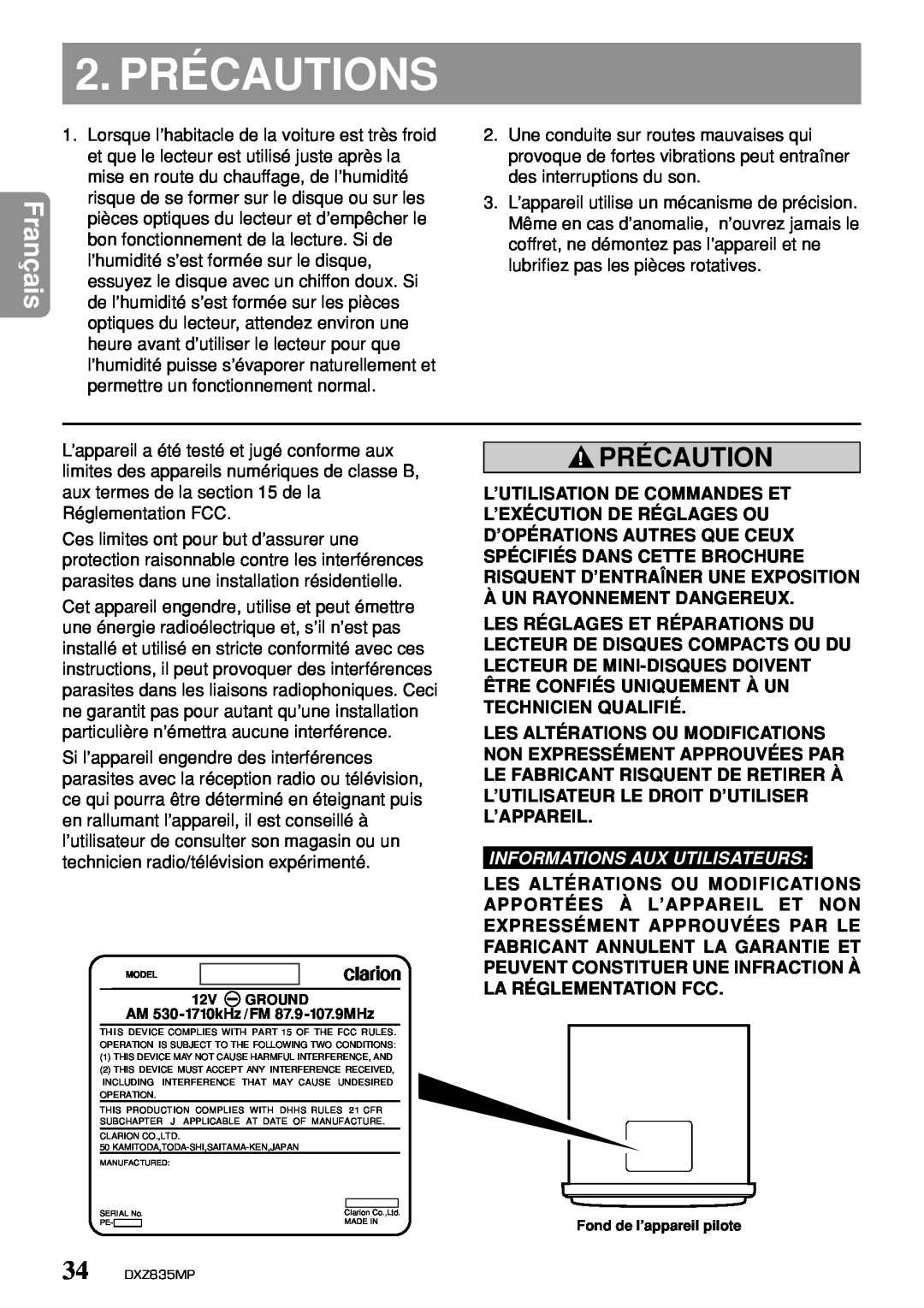 Clarion DXZ835MP owner manual 2. PRÉCAUTIONS, Précaution, Àun Rayonnement Dangereux, Informations Aux Utilisateurs 