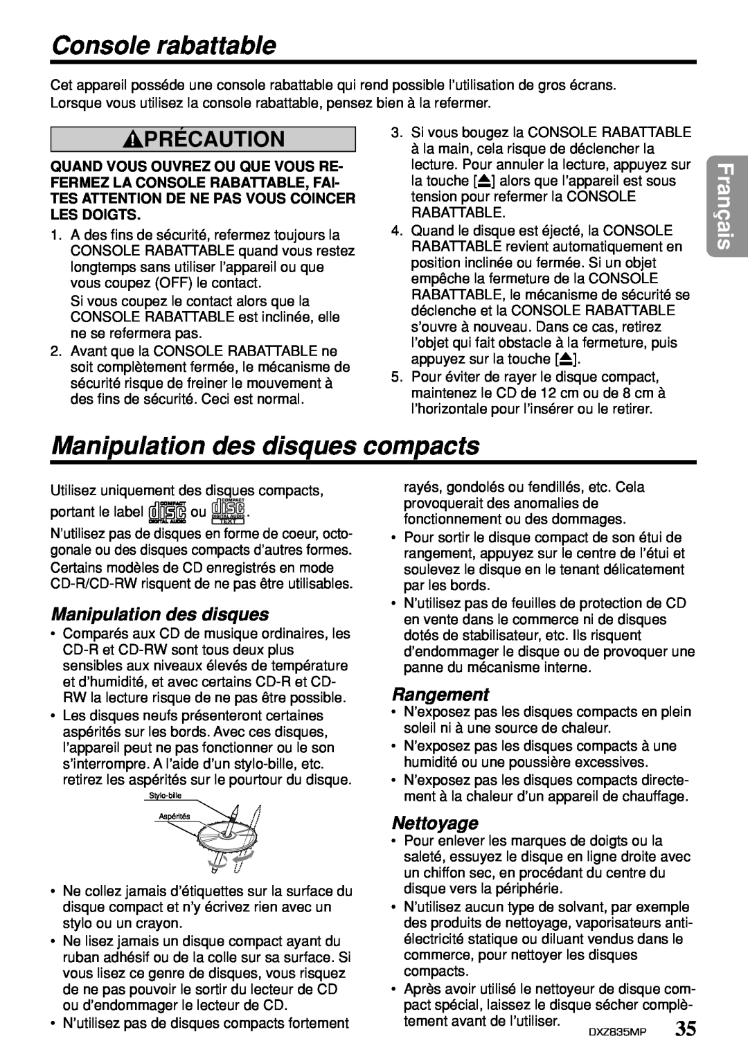 Clarion DXZ835MP Console rabattable, Manipulation des disques compacts, Rangement, Nettoyage, Précaution, Français 