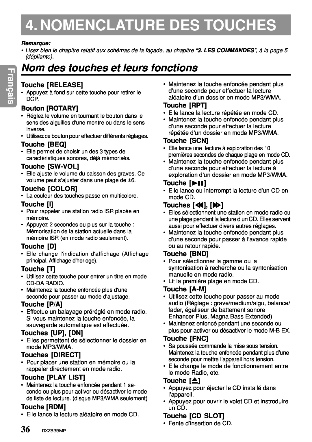 Clarion DXZ835MP owner manual Nomenclature Des Touches, Nom des touches et leurs fonctions, Français 