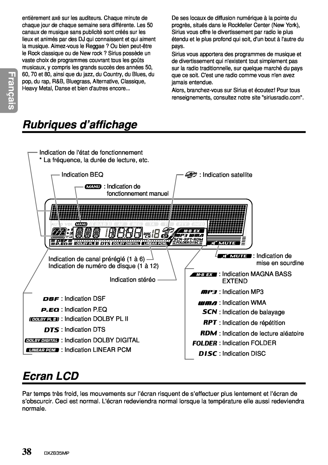 Clarion DXZ835MP owner manual Rubriques d’affichage, Ecran LCD, Français 