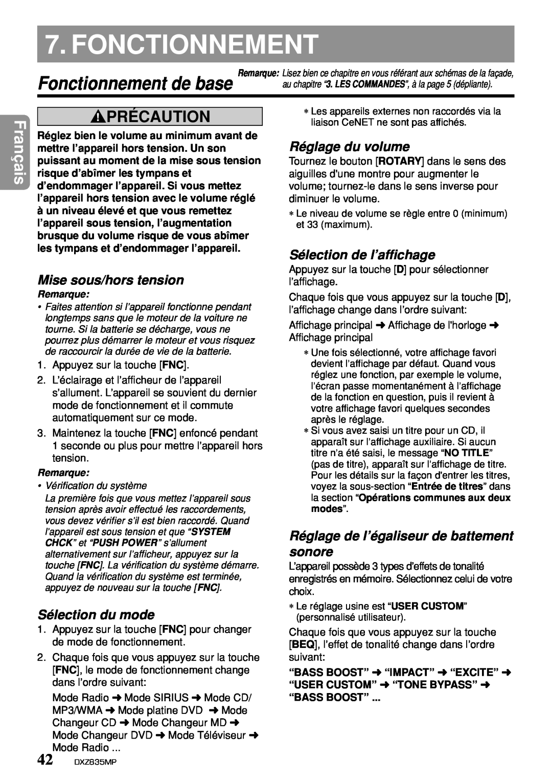 Clarion DXZ835MP Fonctionnement de base, Mise sous/hors tension, Sélection du mode, Réglage du volume, Français 