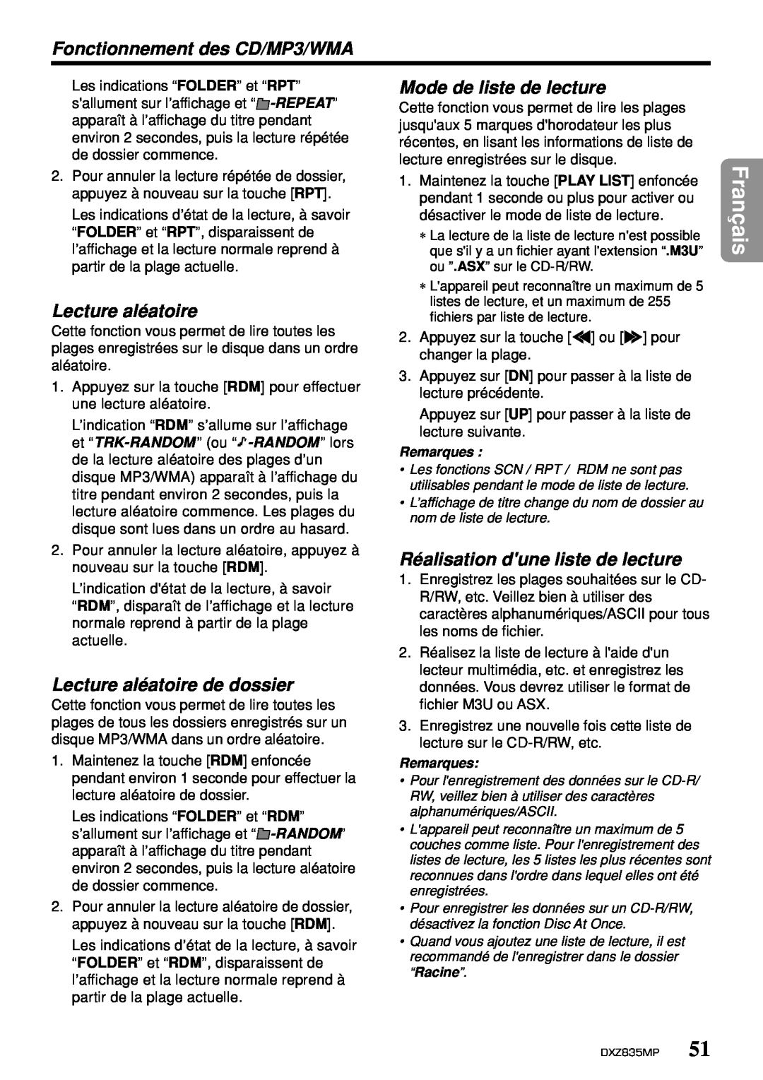 Clarion DXZ835MP Mode de liste de lecture, Lecture aléatoire de dossier, Réalisation dune liste de lecture, Français 