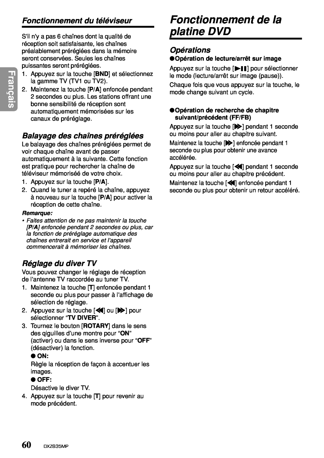 Clarion DXZ835MP Fonctionnement de la platine DVD, Fonctionnement du téléviseur, Balayage des chaînes préréglées, Français 