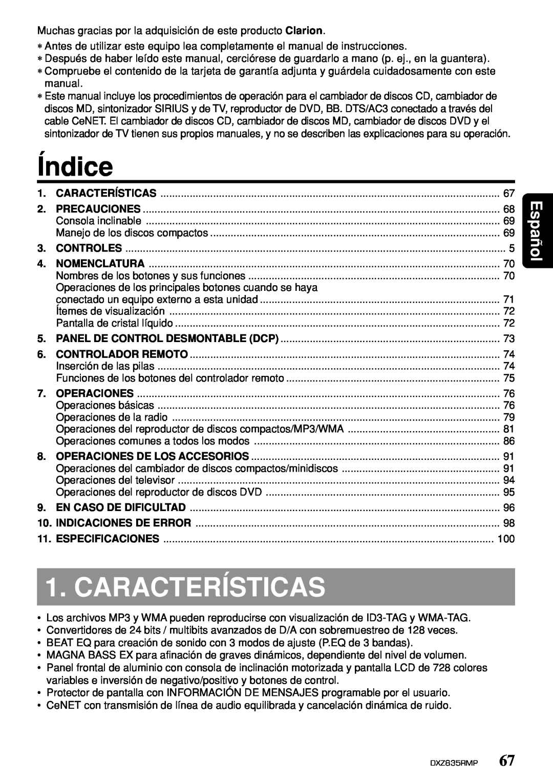 Clarion DXZ835MP owner manual Índice, Características, Español 