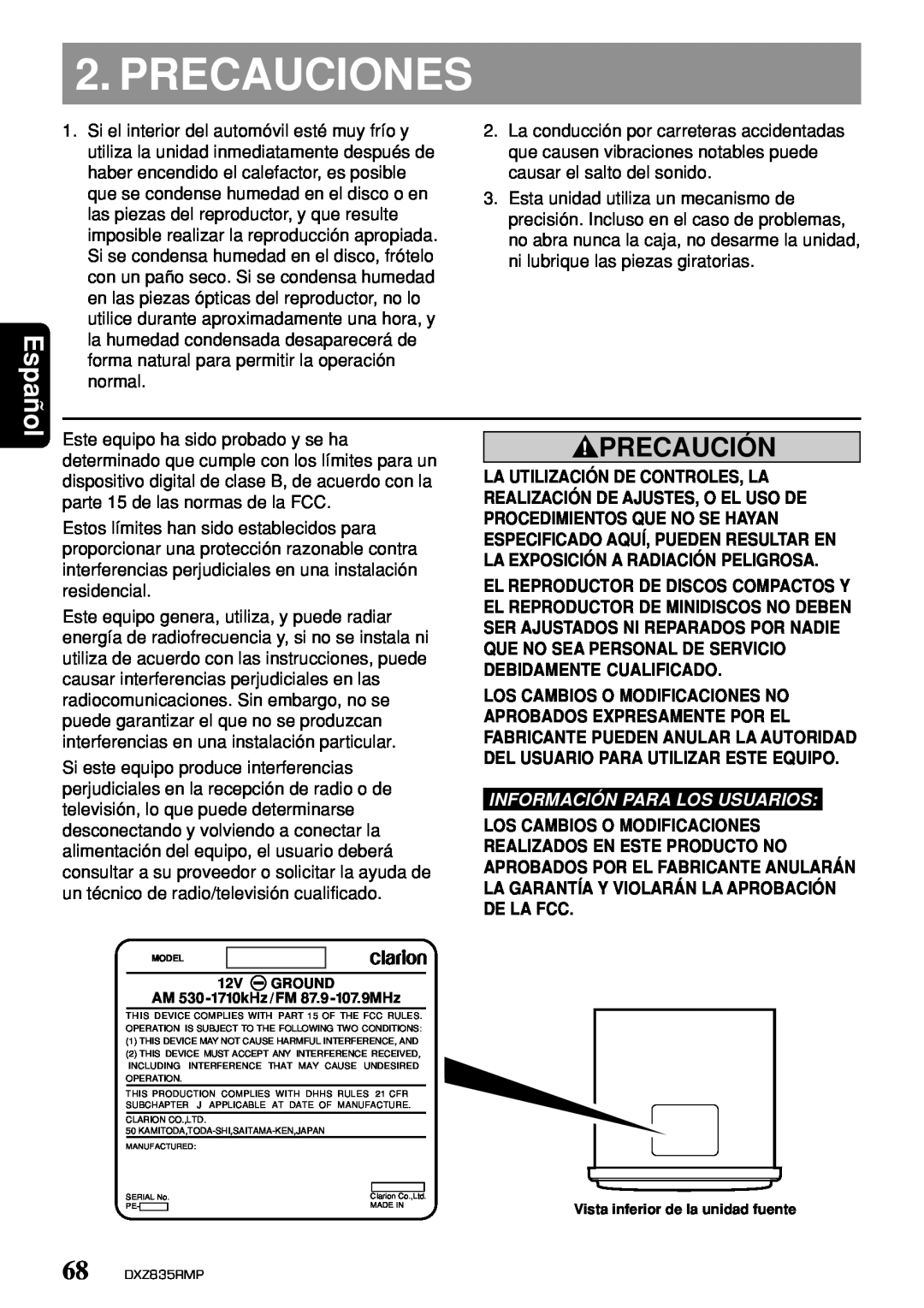 Clarion DXZ835MP owner manual Precauciones, Precaución, Español, Información Para Los Usuarios 