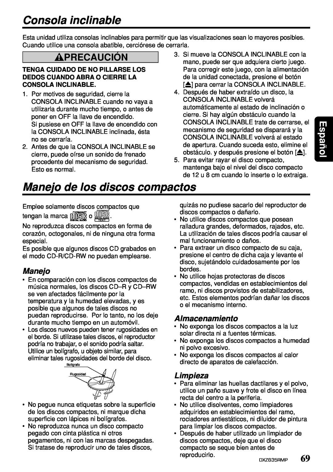 Clarion DXZ835MP Consola inclinable, Manejo de los discos compactos, Almacenamiento, Limpieza, Precaución, Español 