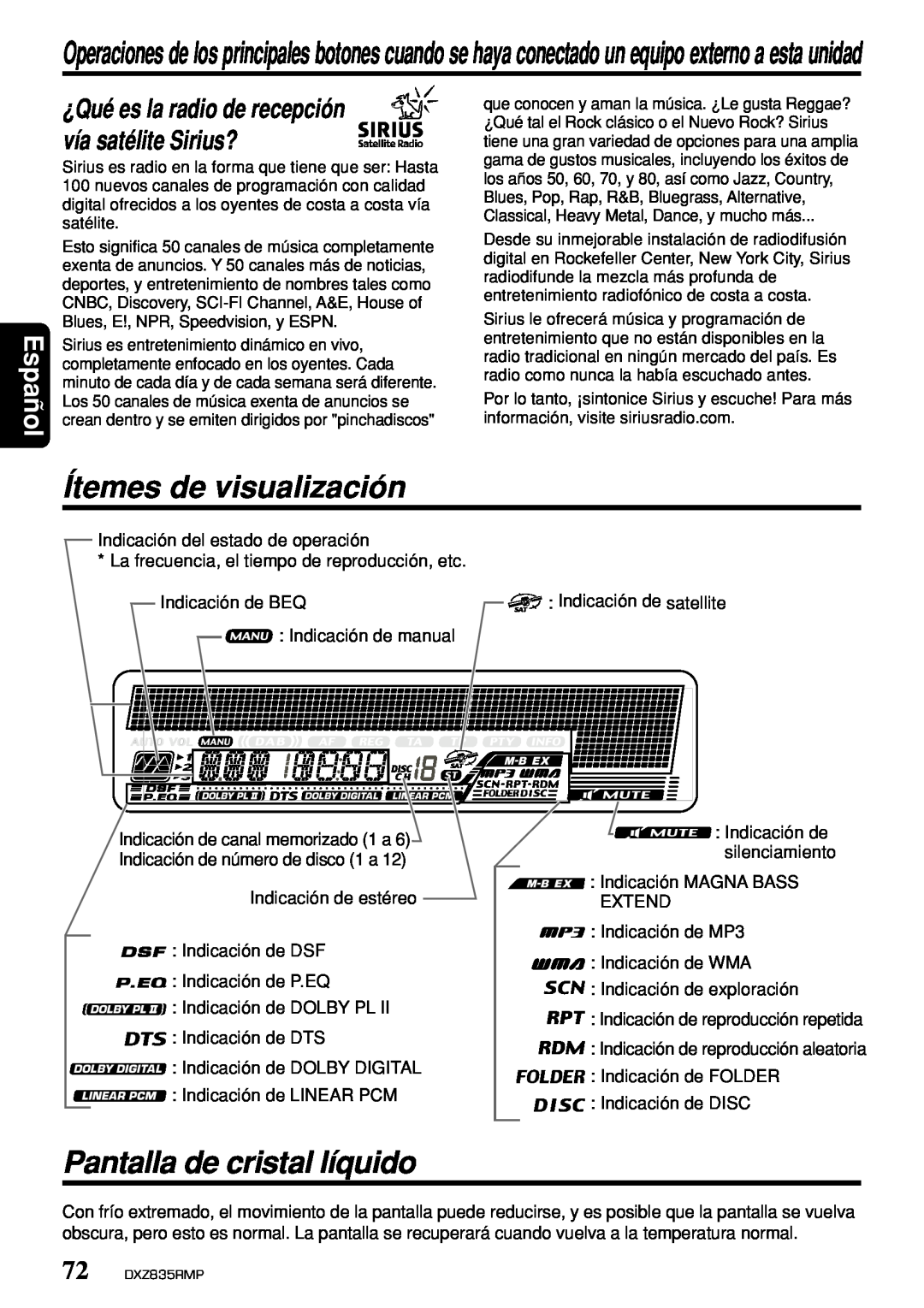 Clarion DXZ835MP owner manual Ítemes de visualización, Pantalla de cristal líquido, Español 