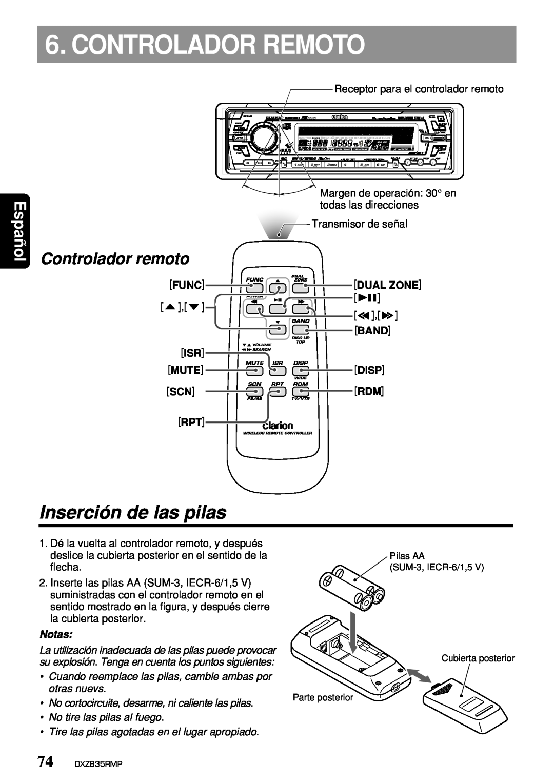 Clarion DXZ835MP Controlador Remoto, Inserción de las pilas, Controlador remoto, Español, Func, Dual Zone, Band, Mute 