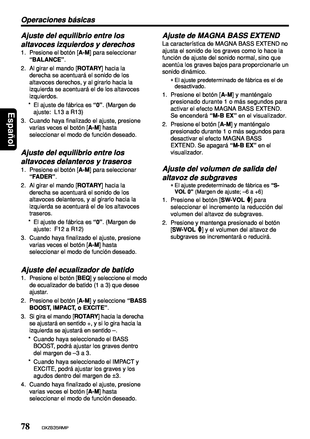 Clarion DXZ835MP Ajuste del equilibrio entre los, Ajuste de MAGNA BASS EXTEND, altavoces izquierdos y derechos, Español 