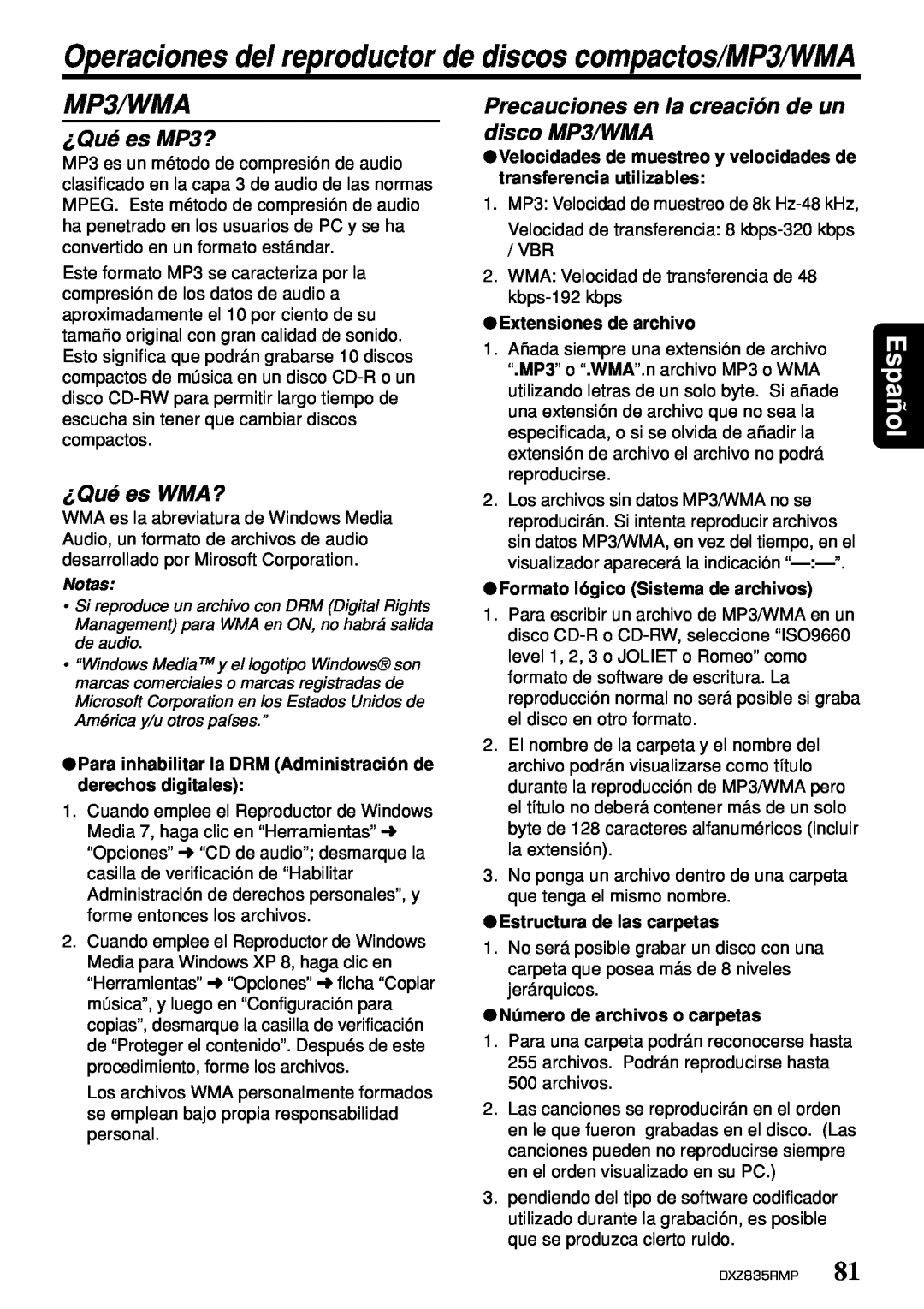 Clarion DXZ835MP owner manual ¿Qué es MP3?, Precauciones en la creación de un disco MP3/WMA, ¿Qué es WMA?, Español 