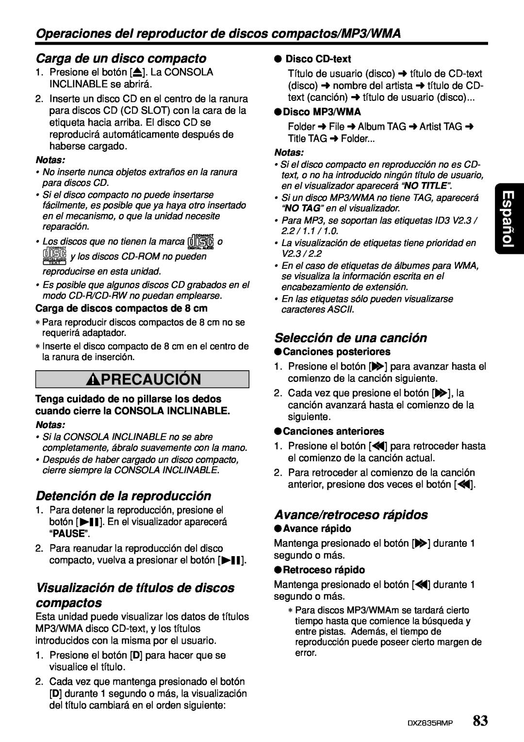 Clarion DXZ835MP Carga de un disco compacto, Selección de una canción, Detención de la reproducción, Precaución, Español 