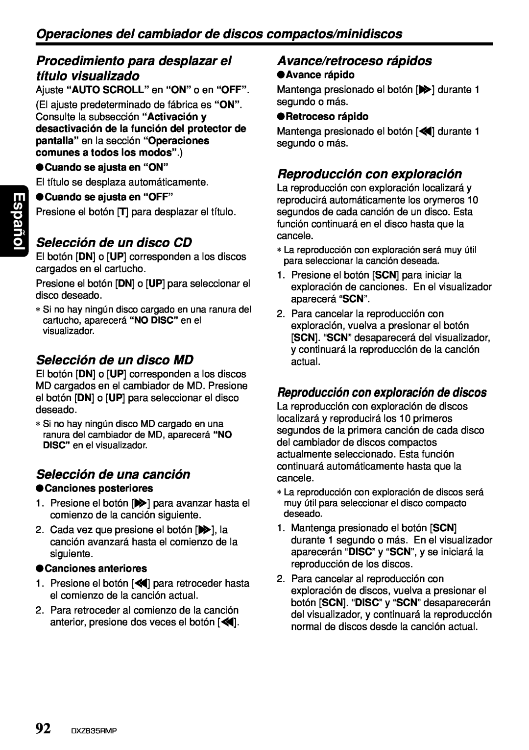 Clarion DXZ835MP Selección de un disco CD, Selección de un disco MD, Reproducción con exploración de discos, Español 