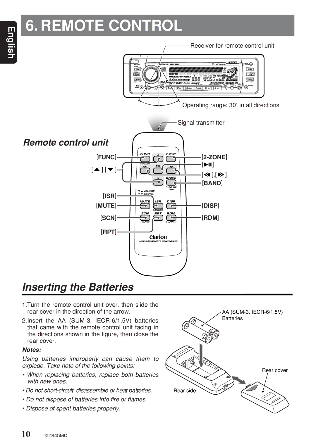 Clarion DXZ845MC owner manual Remote Control, Inserting the Batteries, Receiver for remote control unit, Signal transmitter 