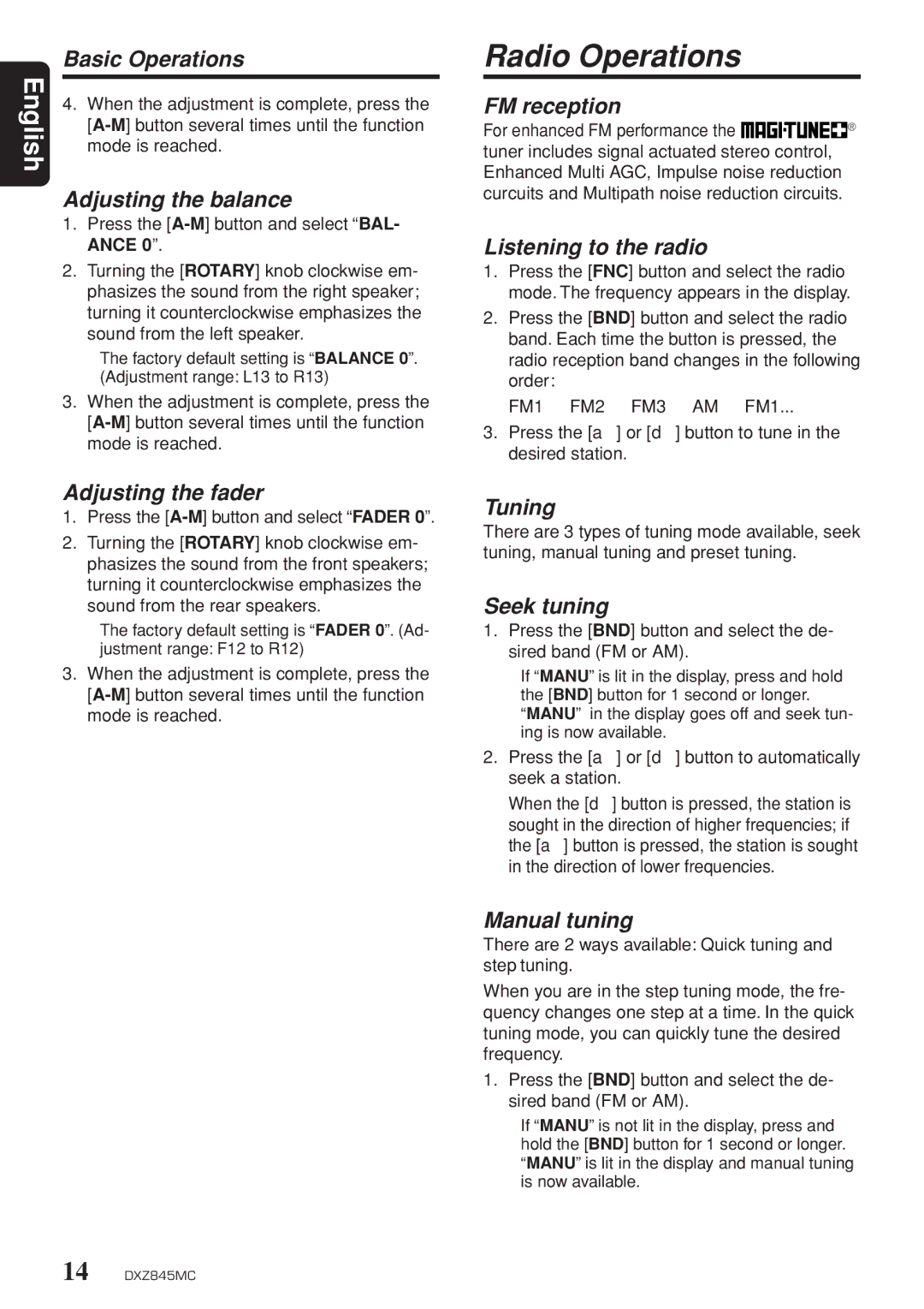 Clarion DXZ845MC owner manual Radio Operations 