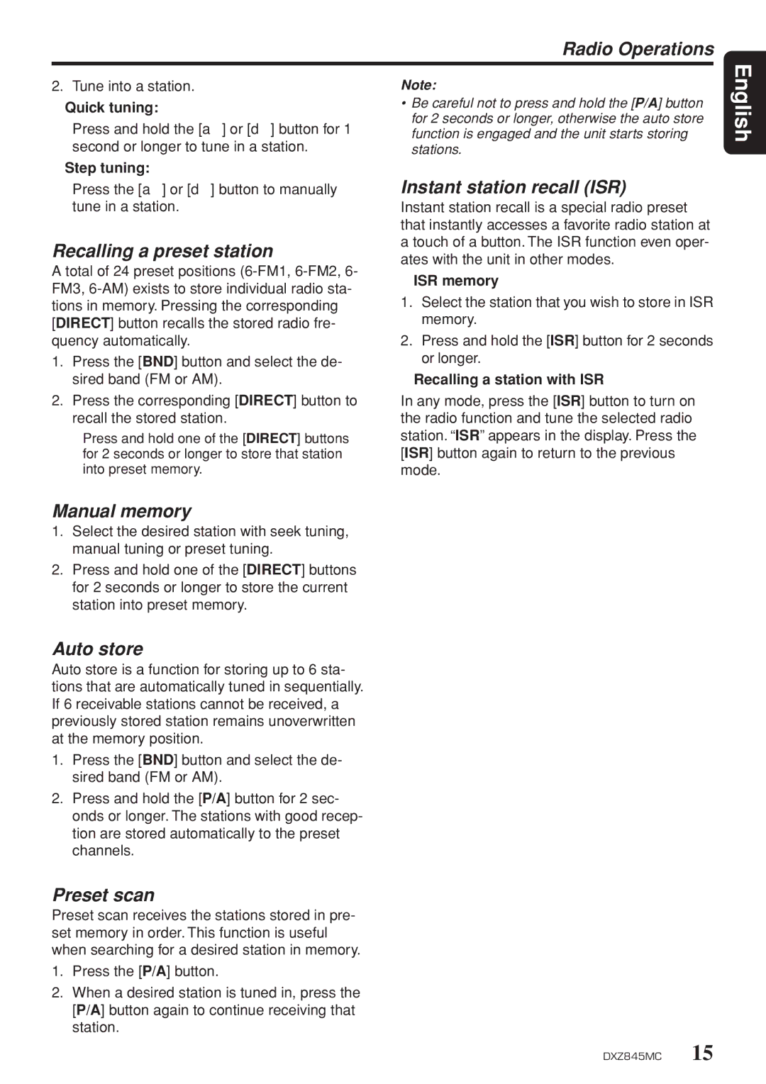 Clarion DXZ845MC Radio Operations, Recalling a preset station, Instant station recall ISR, Manual memory, Auto store 