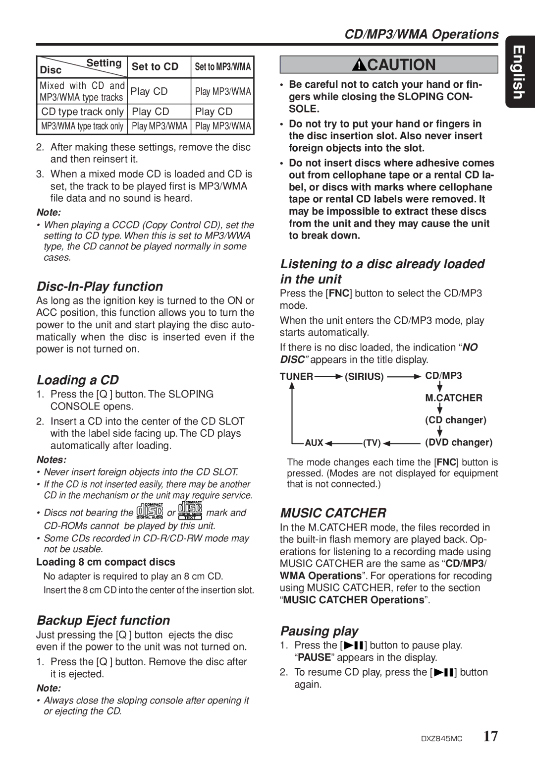 Clarion DXZ845MC CD/MP3/WMA Operations, Disc-In-Play function, Loading a CD, Backup Eject function, Pausing play 