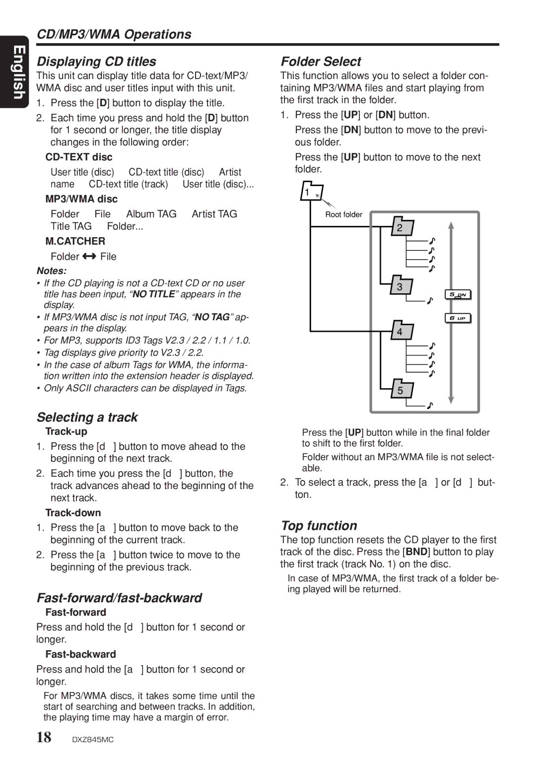 Clarion DXZ845MC CD/MP3/WMA Operations Displaying CD titles Folder Select, Selecting a track, Fast-forward/fast-backward 