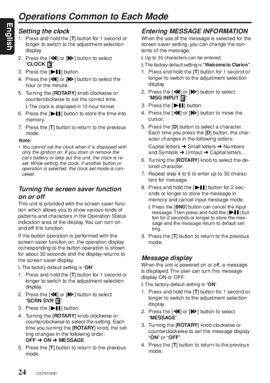 Clarion DXZ845MC Operations Common to Each Mode, Setting the clock, Turning the screen saver function on or off 