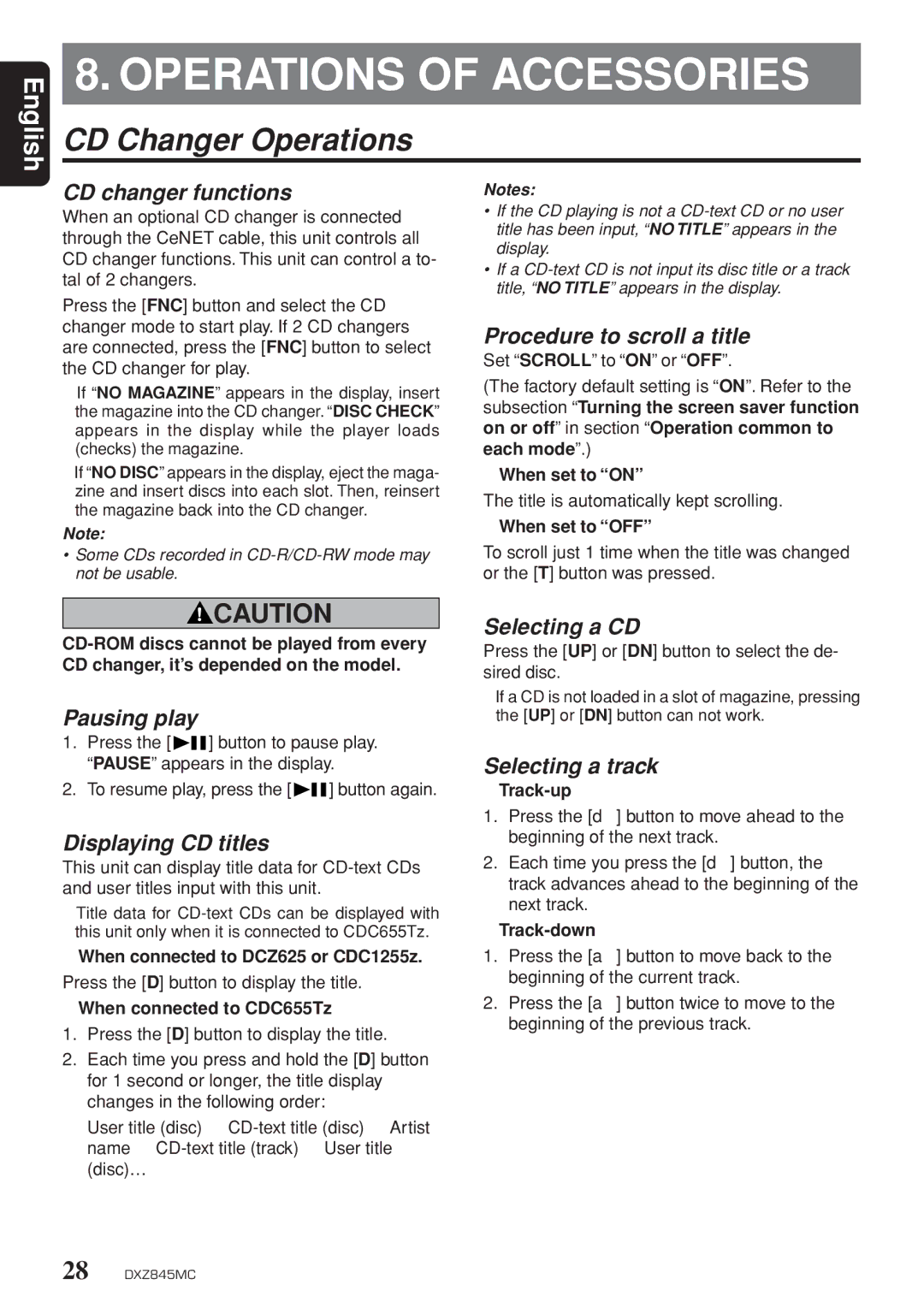 Clarion DXZ845MC Operations of Accessories, CD Changer Operations, CD changer functions, Procedure to scroll a title 