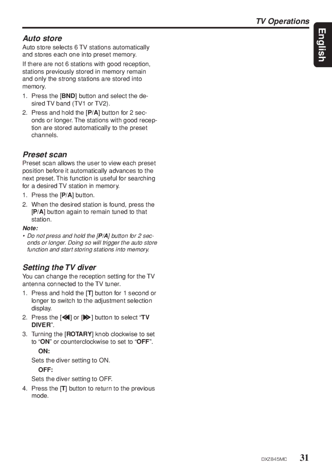 Clarion DXZ845MC owner manual Setting the TV diver, TV Operations, Sets the diver setting to on 