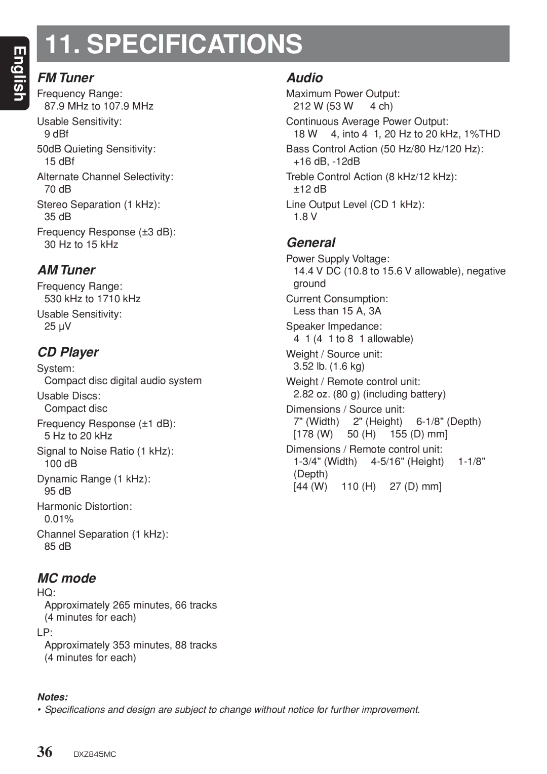 Clarion DXZ845MC owner manual Specifications 